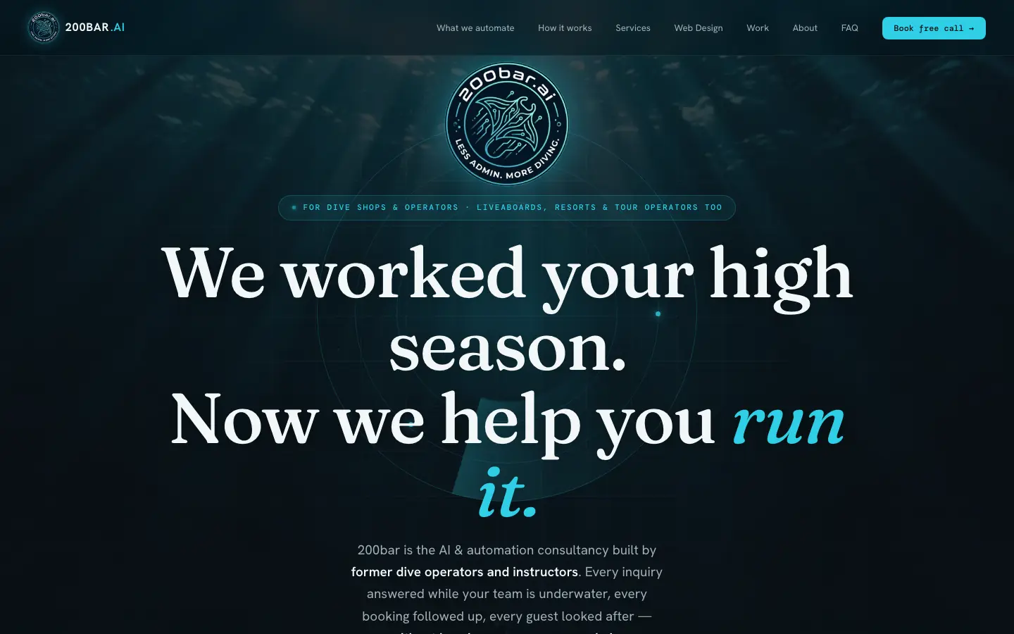 Screenshot of 200bar.ai homepage with headline We worked your high season. Now we help you run it — AI automation brand built by Lucen Studios.