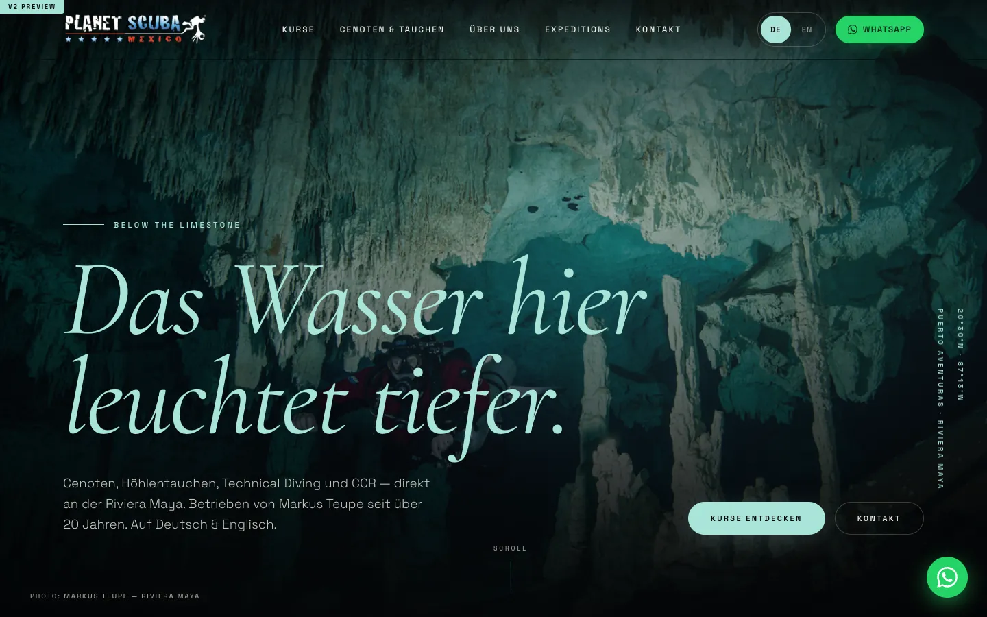 Screenshot of Planet Scuba Mexico V2 homepage with cave diving hero — dive operator website built by Lucen Studios.